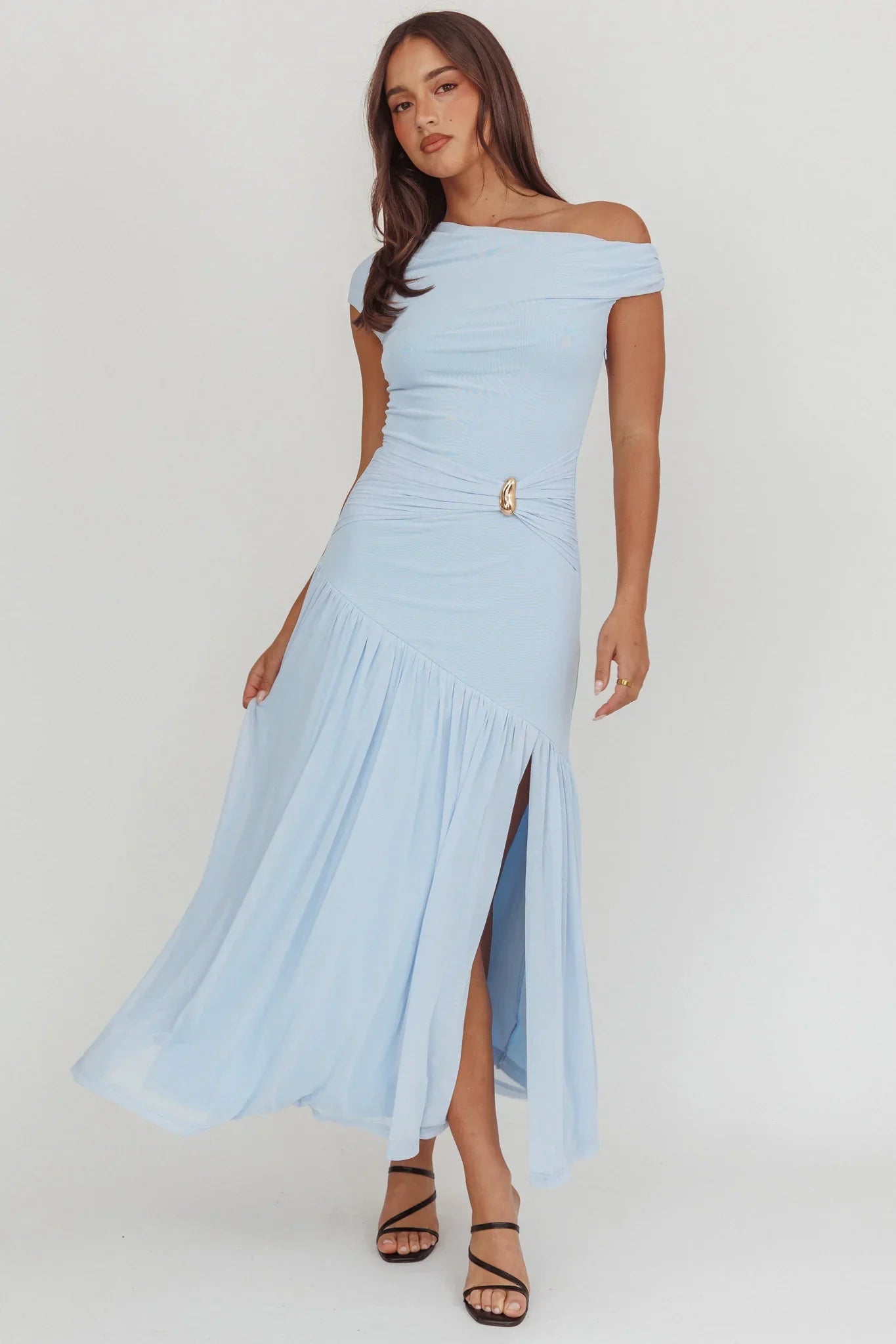Azure Sun Asymmetric Neckline Split Maxi Dress Blue