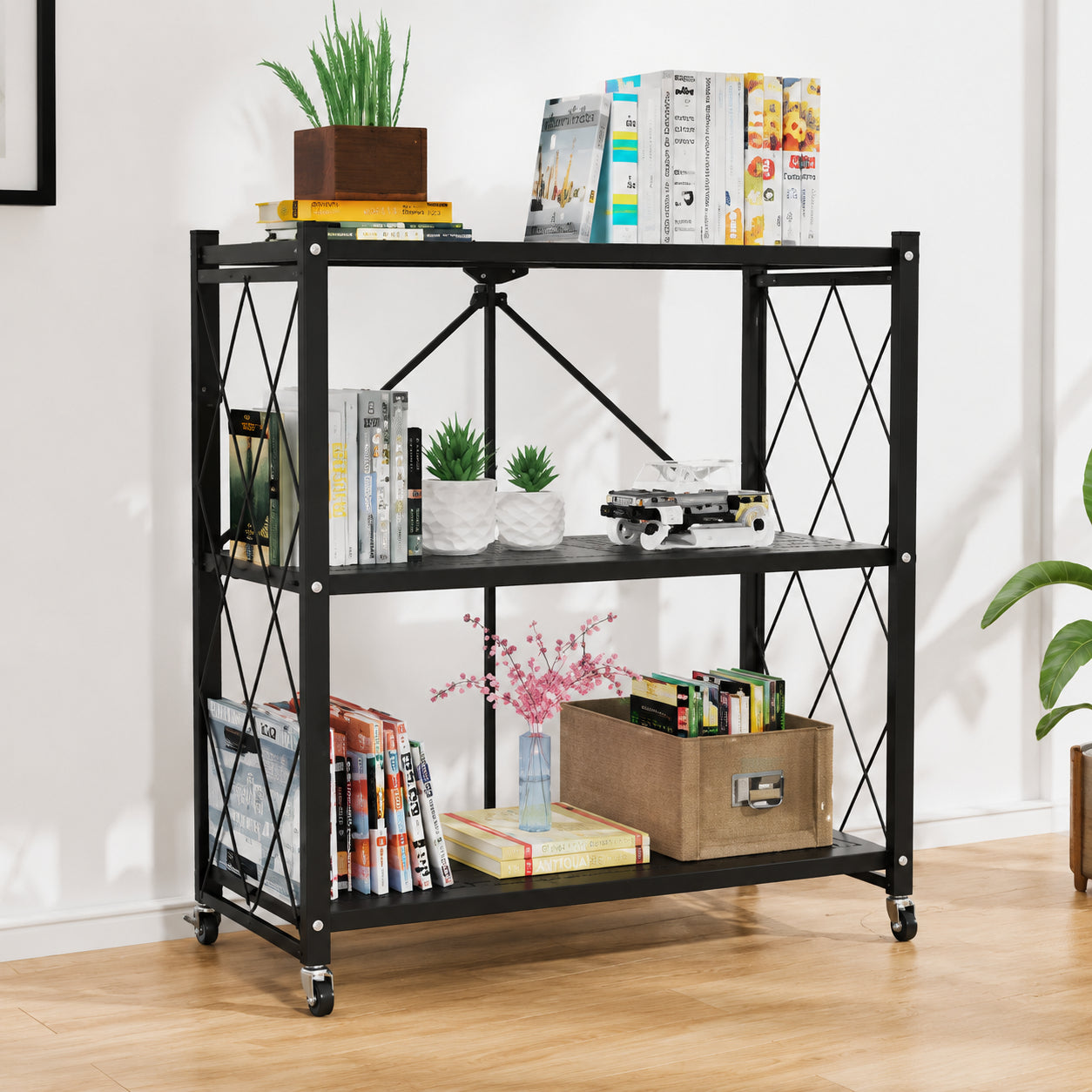 Space‑Saving Foldable Metal Shelving Unit, Freestanding Storage Rack with Lockable Rolling Casters