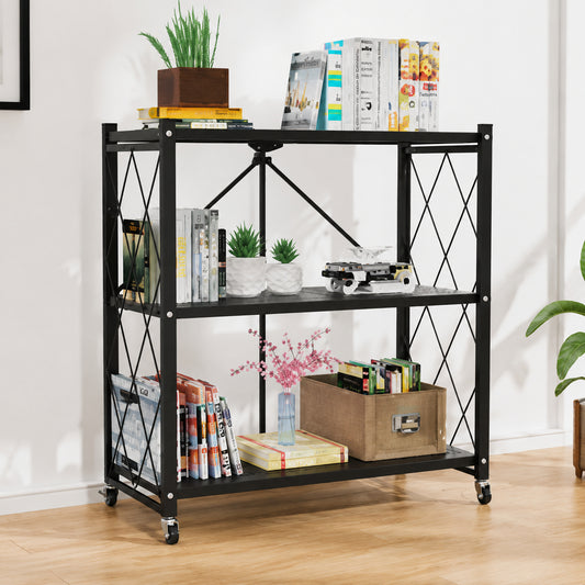 Space‑Saving Foldable Metal Shelving Unit, Freestanding Storage Rack with Lockable Rolling Casters