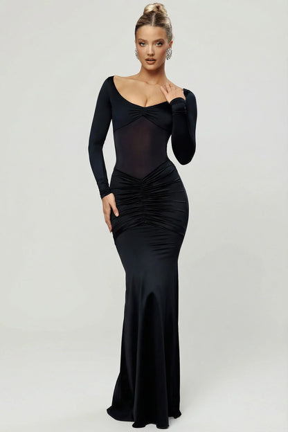 Bow-Detail Ruched Maxi Dress in Black