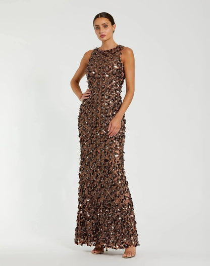 Brown Sequin Embellished Sleeveless Gown With Beaded Fringe