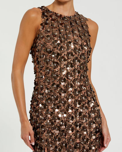 Brown Sequin Embellished Sleeveless Gown With Beaded Fringe