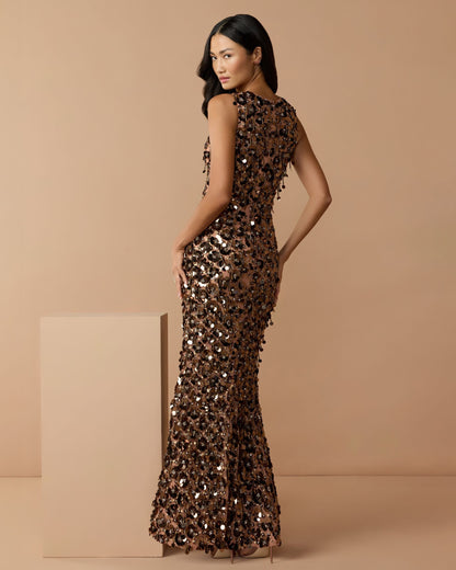 Brown Sequin Embellished Sleeveless Gown With Beaded Fringe