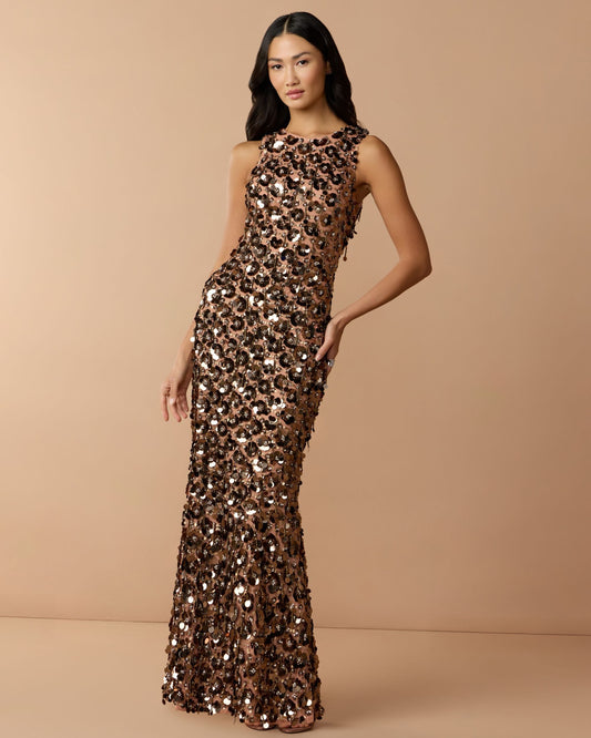 Brown Sequin Embellished Sleeveless Gown With Beaded Fringe