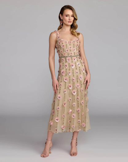 Beige Sleeveless Scoop Neck Embellished Midi Dress