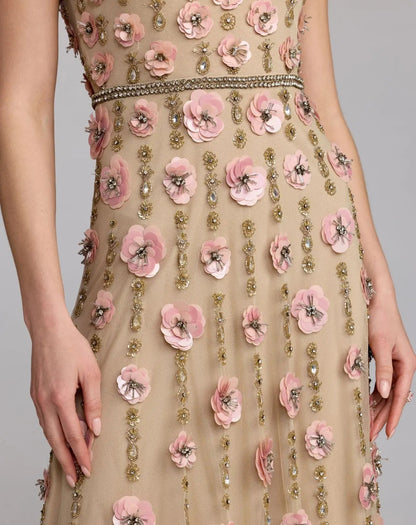 Beige Sleeveless Scoop Neck Embellished Midi Dress