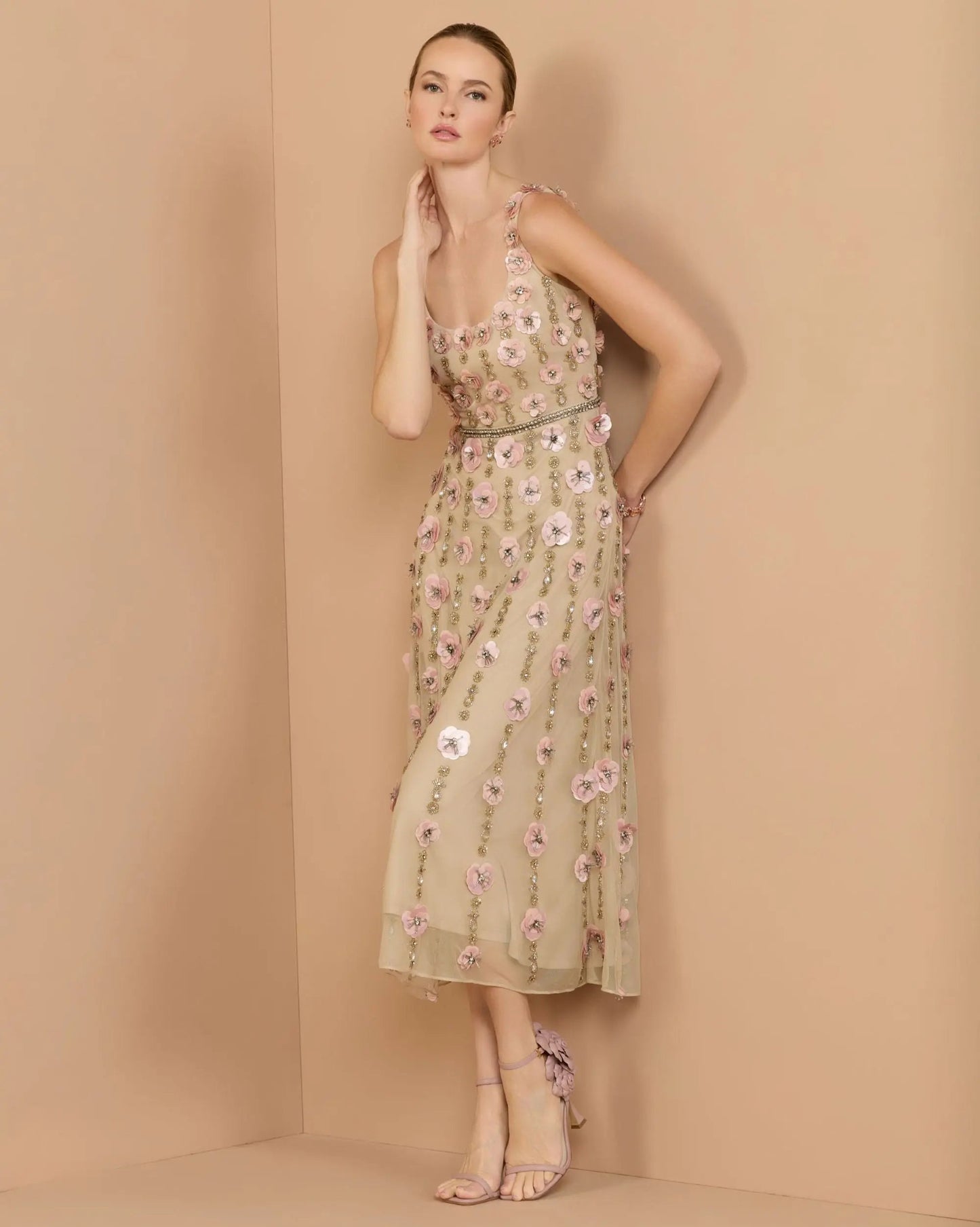 Beige Sleeveless Scoop Neck Embellished Midi Dress