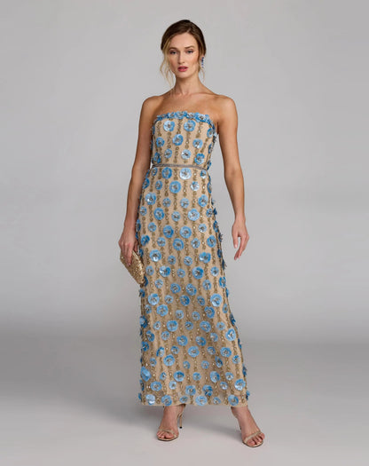 Beige Strapless 3D Floral Embellished Dress