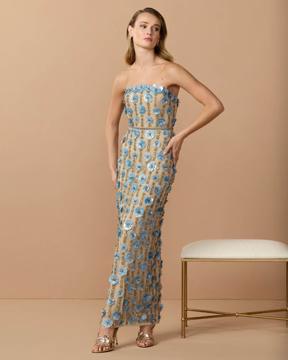 Beige Strapless 3D Floral Embellished Dress