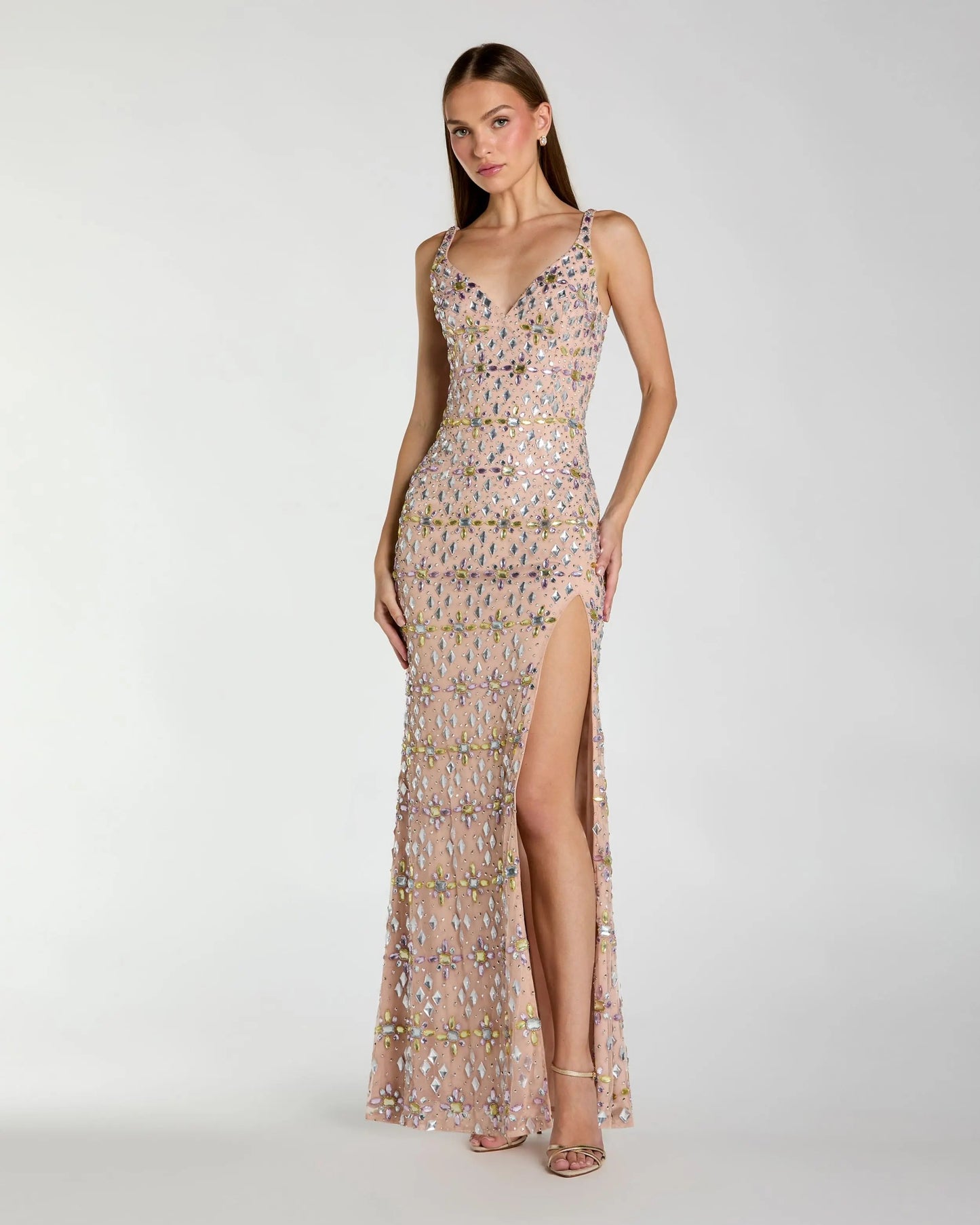 Beige Crystal Embellished Column Gown With Slit