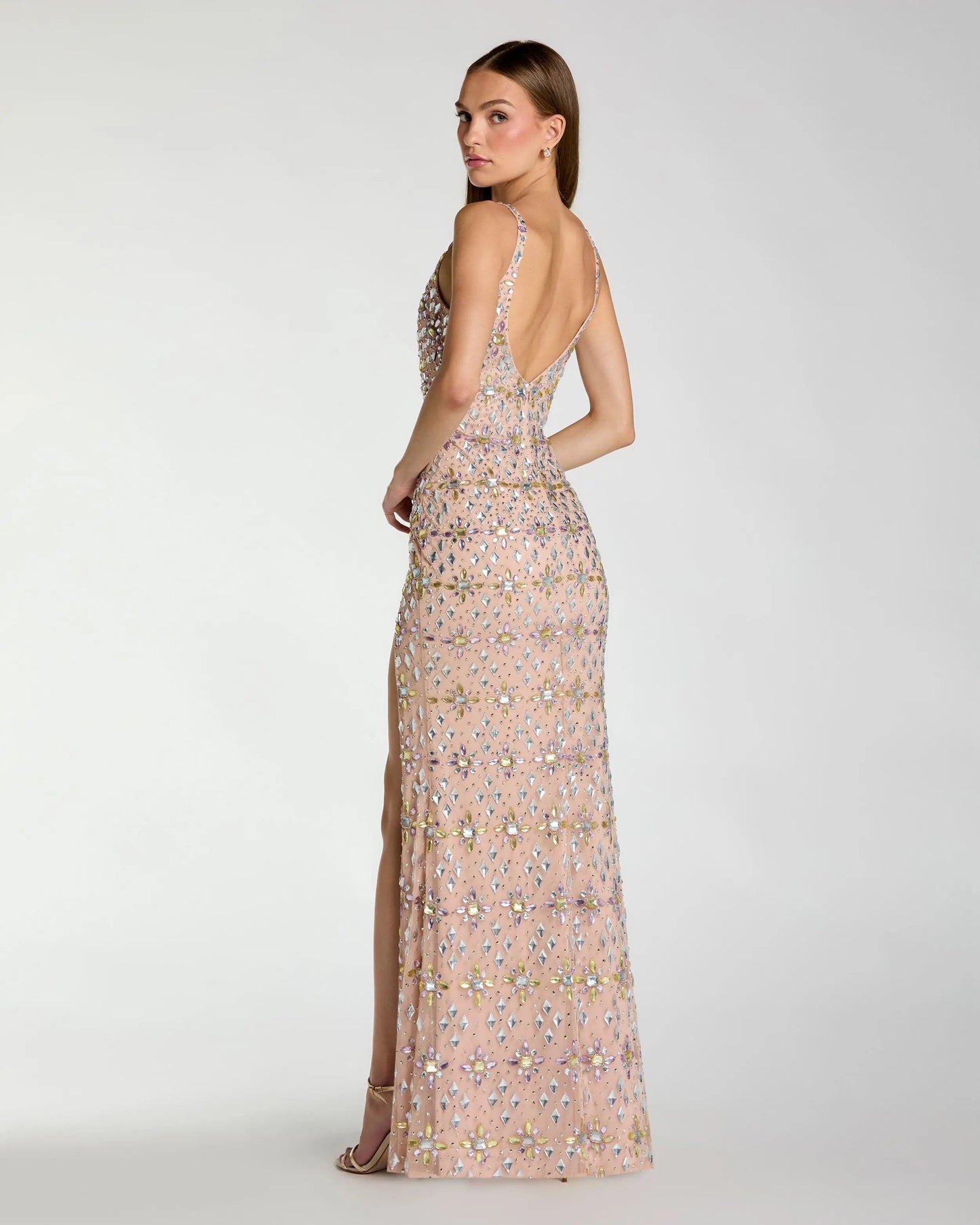 Beige Crystal Embellished Column Gown With Slit