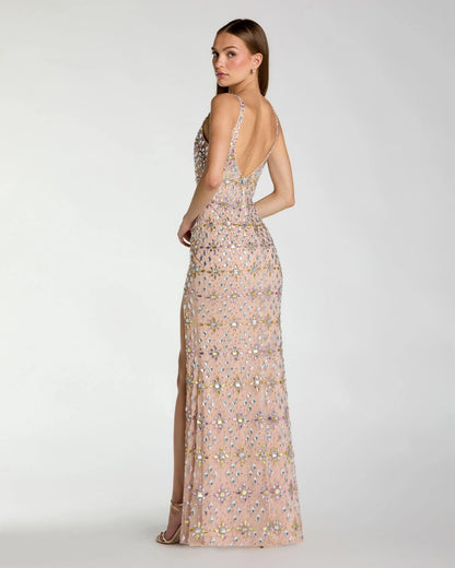 Beige Crystal Embellished Column Gown With Slit