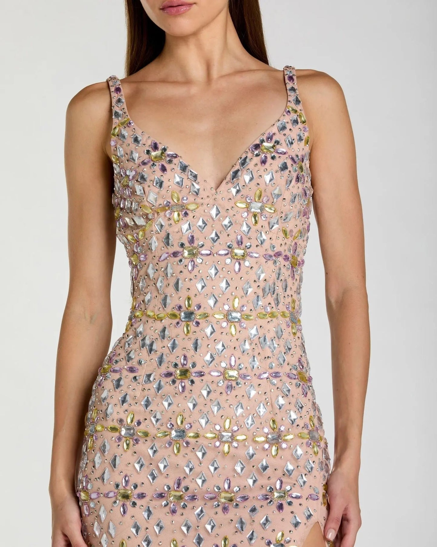 Beige Crystal Embellished Column Gown With Slit