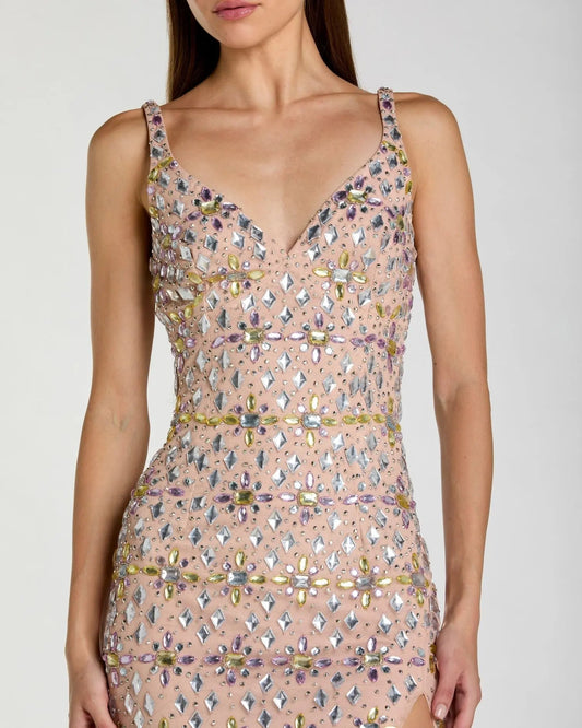 Beige Crystal Embellished Column Gown With Slit