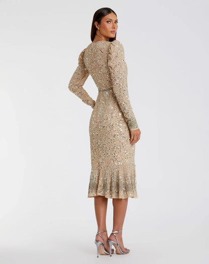 Beige Sequin Dress with Beaded Hemline and Belt - FINAL SALE
