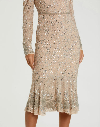 Beige Sequin Dress with Beaded Hemline and Belt - FINAL SALE