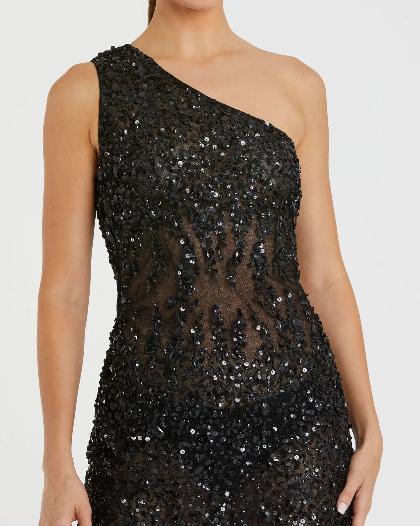 Black One Shoulder Sheer Hand Sequined Mini Dress - FINAL SALE