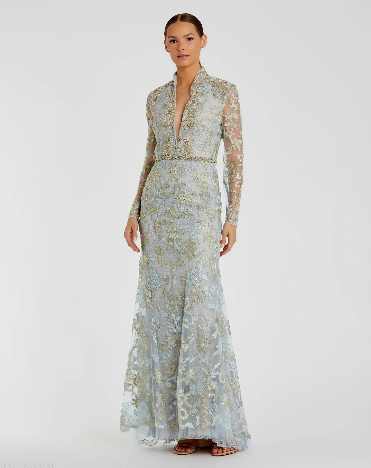 Blue Queen Anne Lace Long Sleeve V-Neck Trumpet Gown