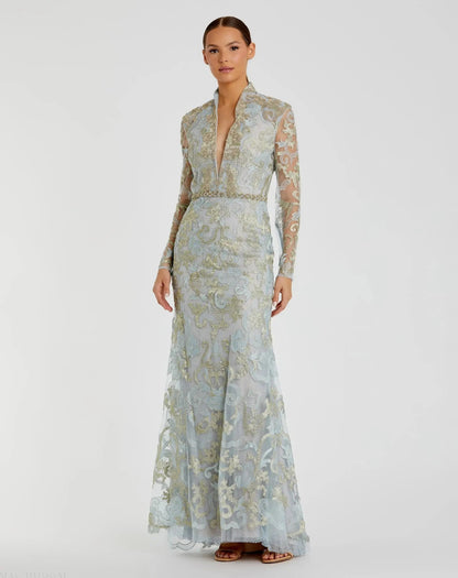 Blue Queen Anne Lace Long Sleeve V-Neck Trumpet Gown