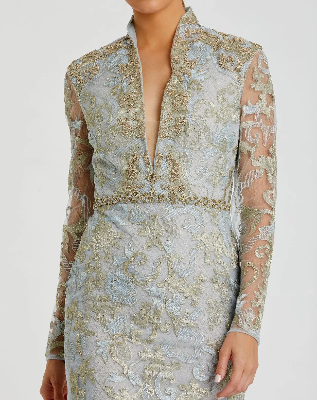 Blue Queen Anne Lace Long Sleeve V-Neck Trumpet Gown