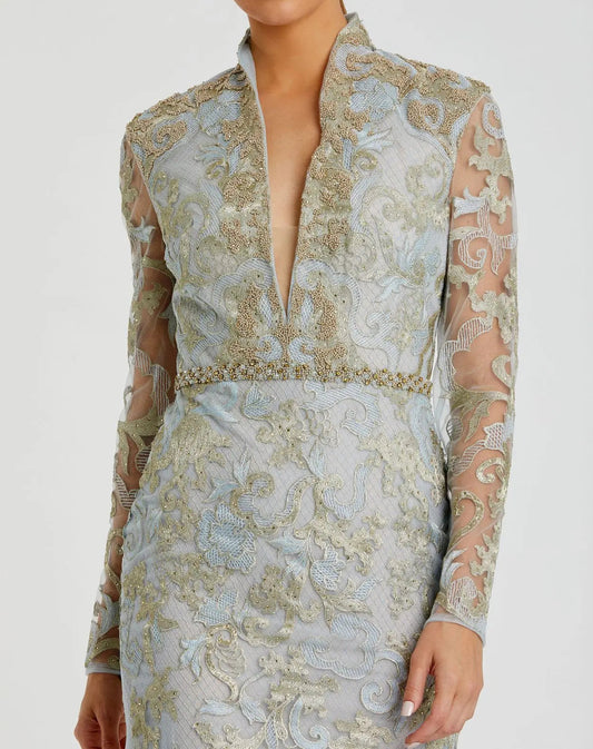 Blue Queen Anne Lace Long Sleeve V-Neck Trumpet Gown
