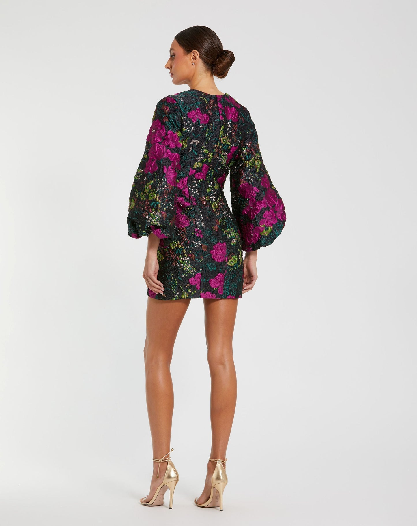 Black Floral Brocade Puff Sleeve Fitted Mini Dress