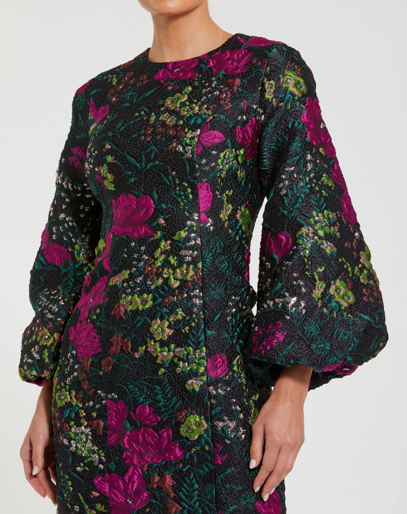 Black Floral Brocade Puff Sleeve Fitted Mini Dress