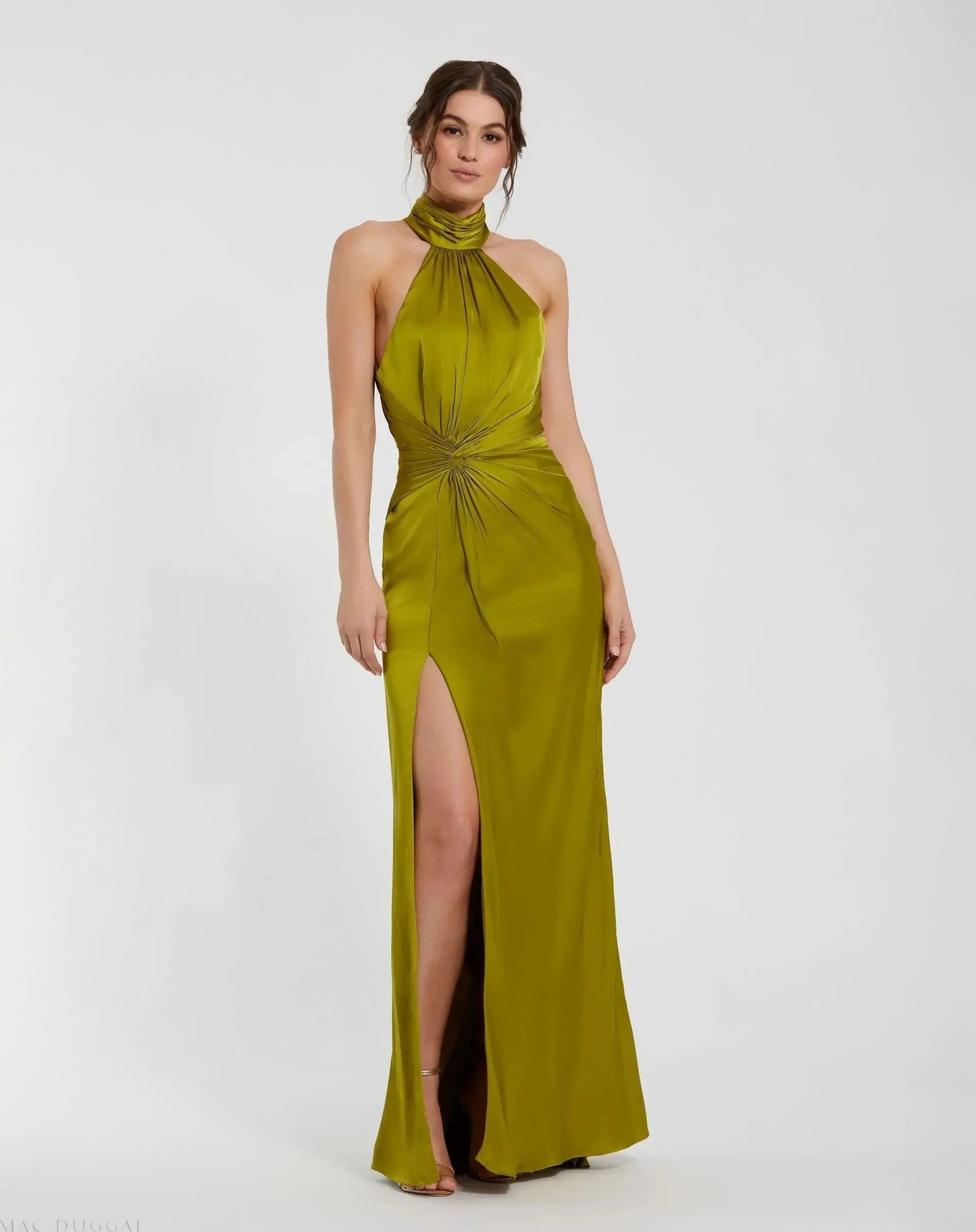 Dark Green Sleeveless Open Back Satin Gown