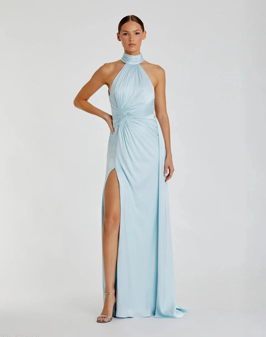 Light Blue Sleeveless Open Back Satin Gown