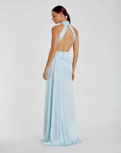 Light Blue Sleeveless Open Back Satin Gown