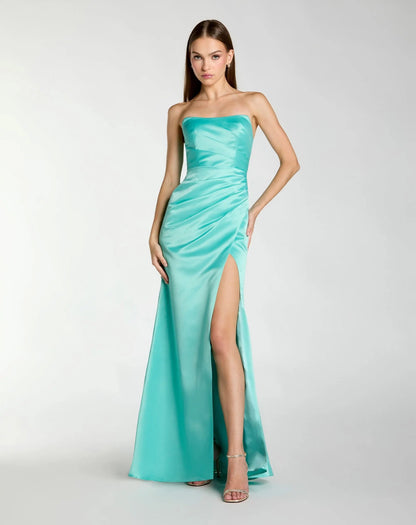 Blue Strapless Satin Gown With Slit
