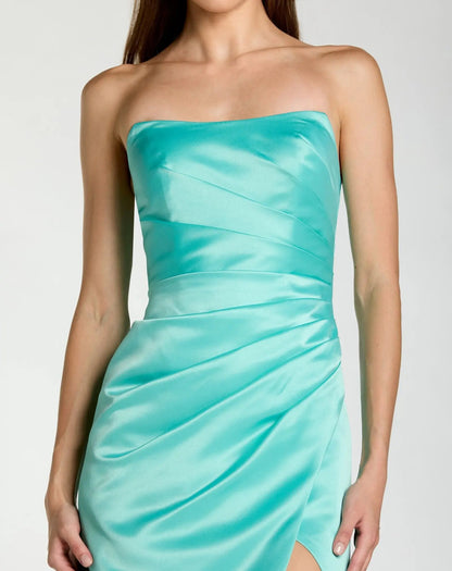 Blue Strapless Satin Gown With Slit