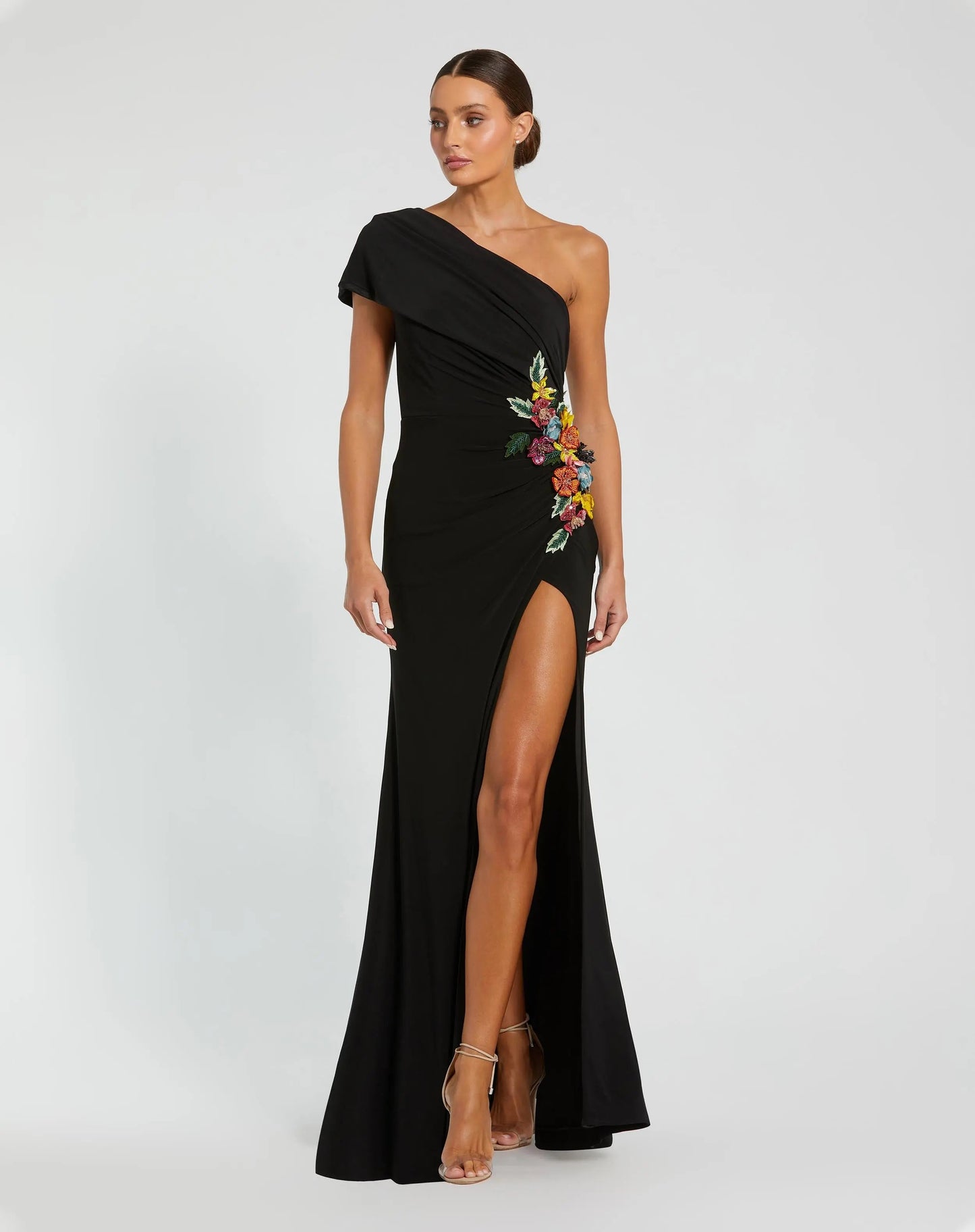 Black One Shoulder Beaded Jersey Gown
