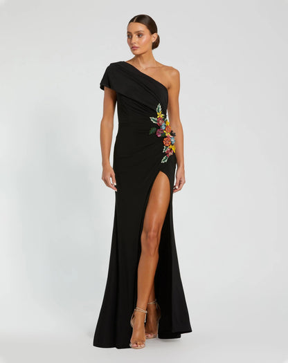 Black One Shoulder Beaded Jersey Gown