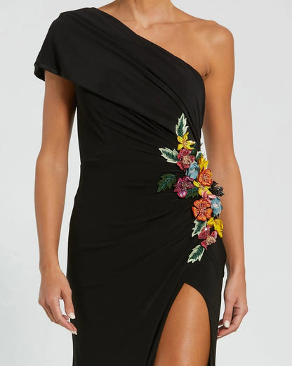 Black One Shoulder Beaded Jersey Gown