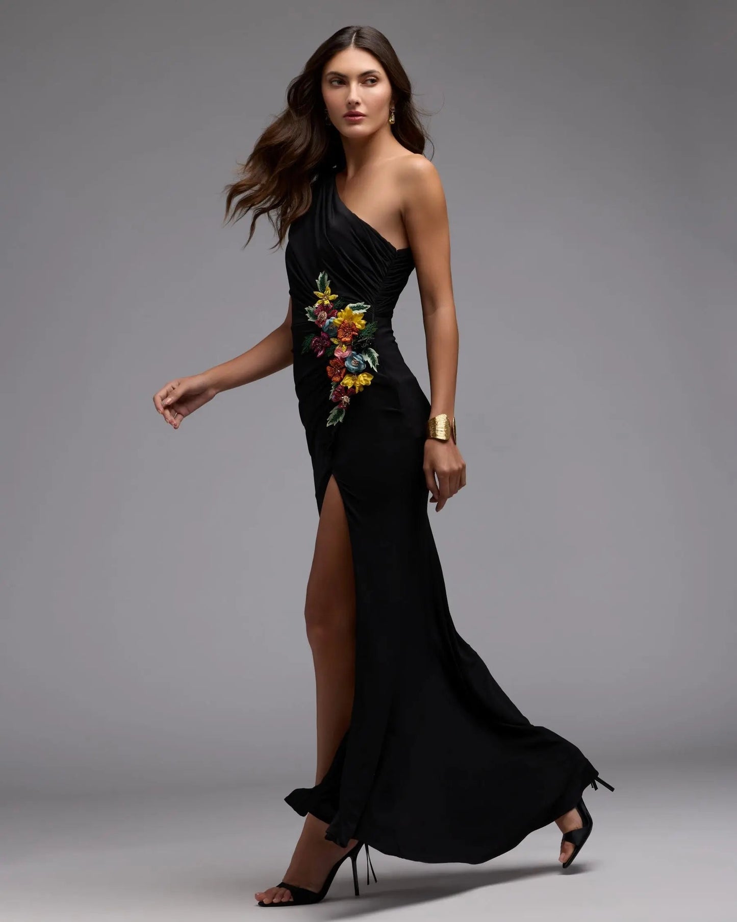 Black One Shoulder Beaded Jersey Gown