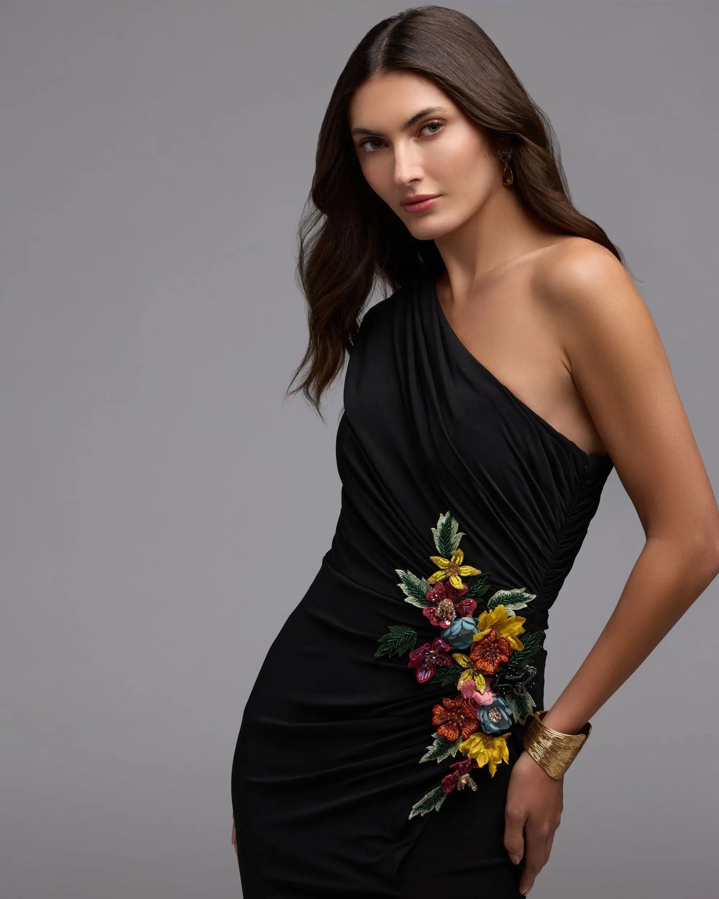 Black One Shoulder Beaded Jersey Gown