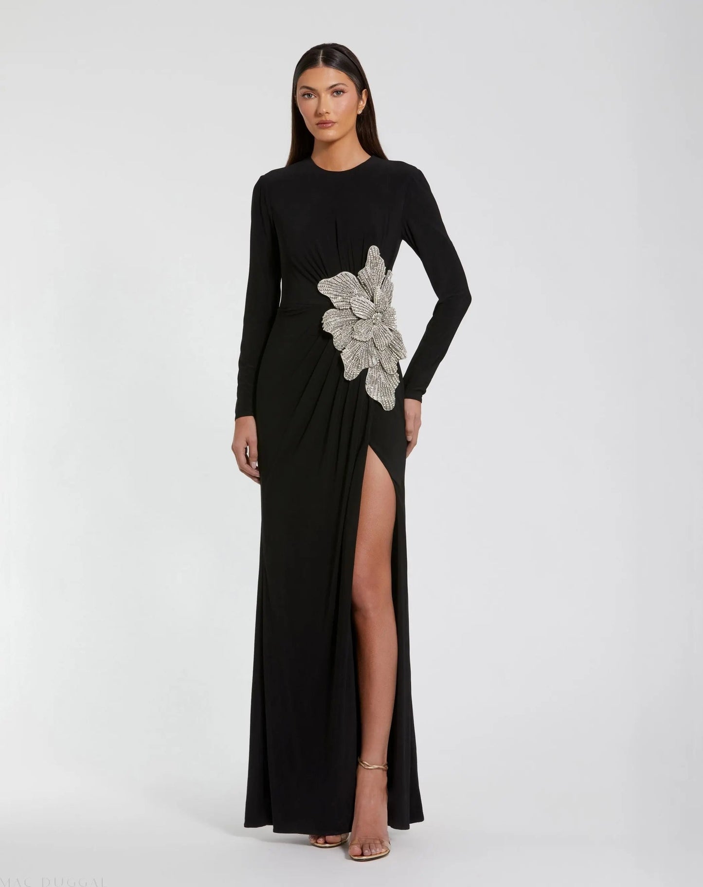 Black Long Sleeve Jersey Gown With Embellished Flower