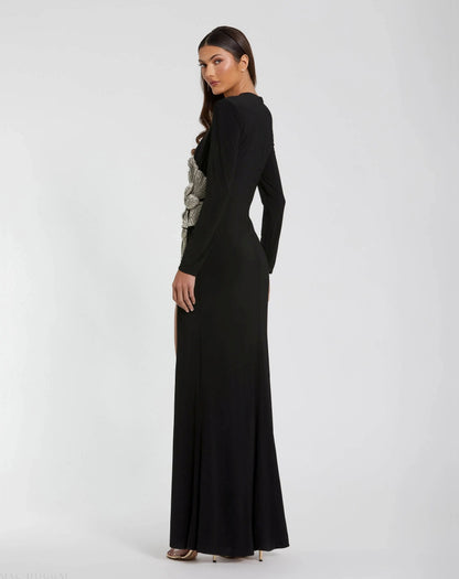 Black Long Sleeve Jersey Gown With Embellished Flower