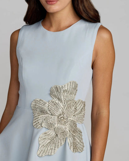 Blue Crepe Sleeveless Mini Dress With Rhinestone Flower