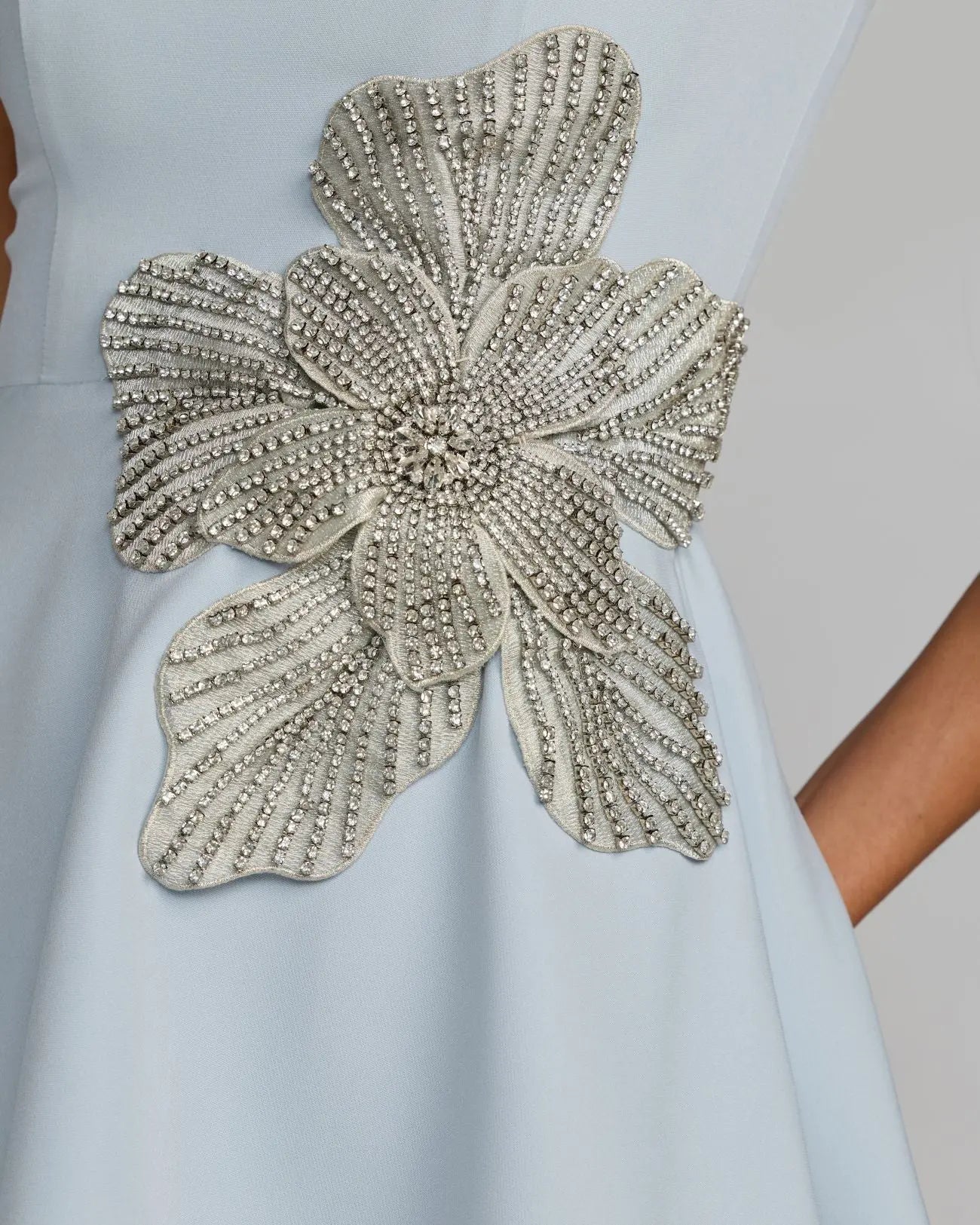 Blue Crepe Sleeveless Mini Dress With Rhinestone Flower