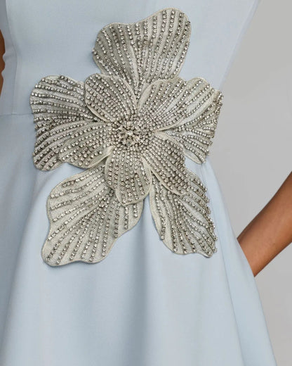 Blue Crepe Sleeveless Mini Dress With Rhinestone Flower