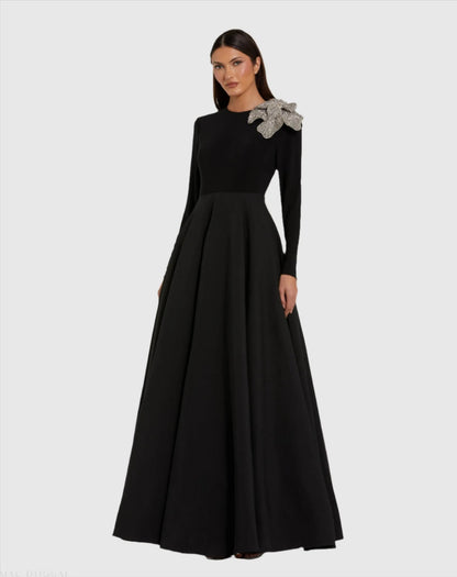 Long Sleeve Ball Gown with Rhinestone Flower
