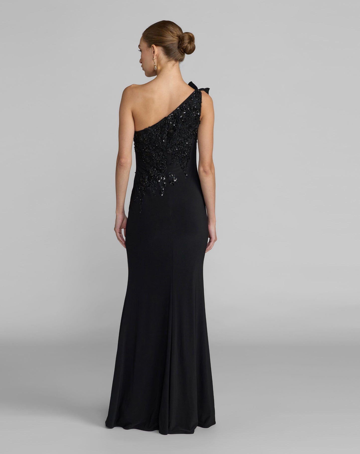 Black Embroidered Jersey One Shoulder Gown with 3D Flower