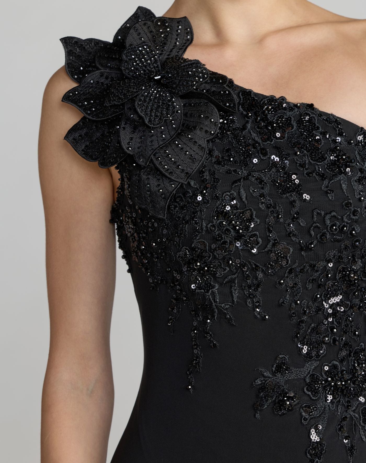 Black Embroidered Jersey One Shoulder Gown with 3D Flower
