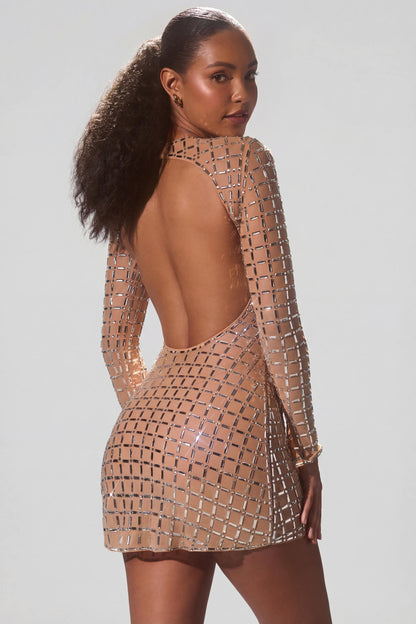 Embellished Semi-Sheer Cut-Out Mini Dress in Almond