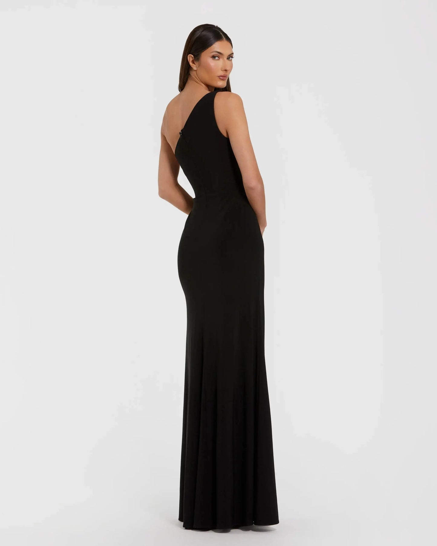 Black One Shoulder Jersey Gown With Rhinestone Flower