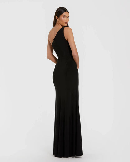 Black One Shoulder Jersey Gown With Rhinestone Flower