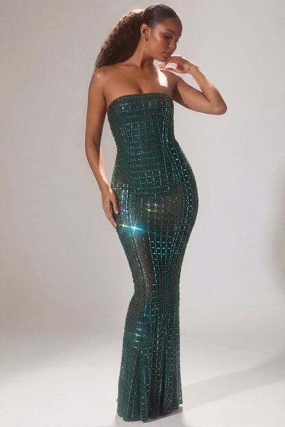 Embellished Strapless Gown in Emerald Green