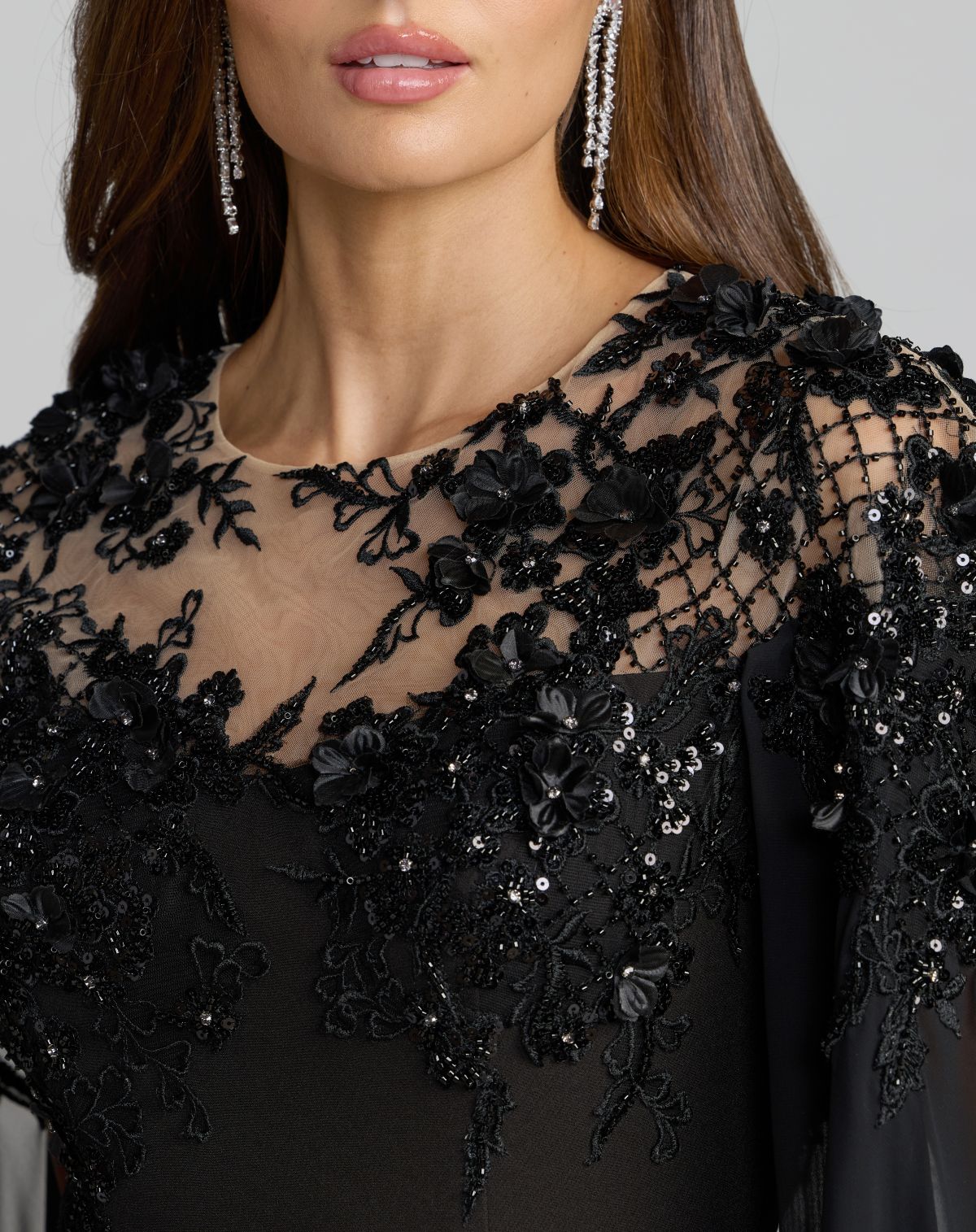 Black Floral Embellished Crepe Gown With Chiffon Cape
